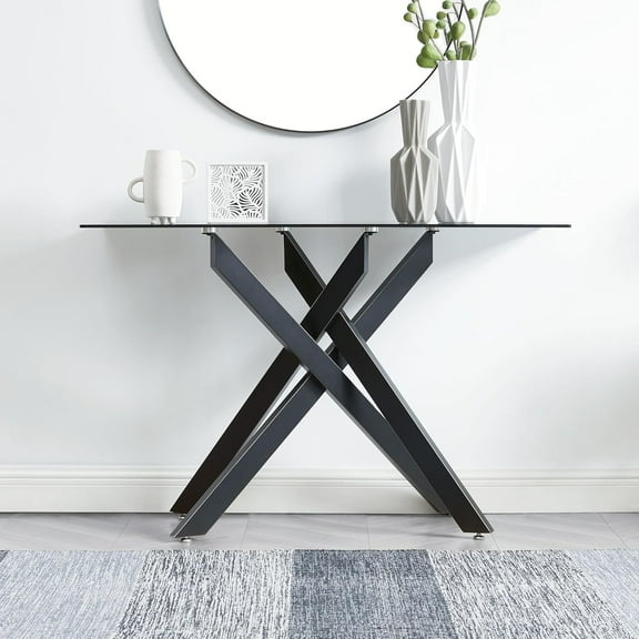 Modern Style Console Table Narrow Sofa Table with Grey Tempered Glass Top and Black Metal Tubular Legs with Gold Rim, 45”Lx18”Wx30”H