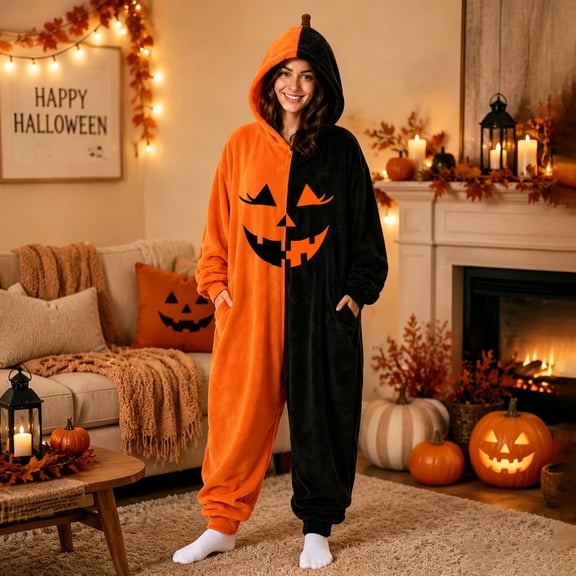 Halloween Colorblock Pumpkin Onesie, Zip-Up Hooded Flannel Jumpsuit with Jack-O-Lantern Face (1 PC) Black L