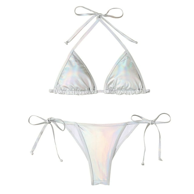 TSADFHJI Womens Swimsuits Two Piece Women Bikini Sets Shiny String Padded Triangle 2 Pieces Swimsuit L Silver