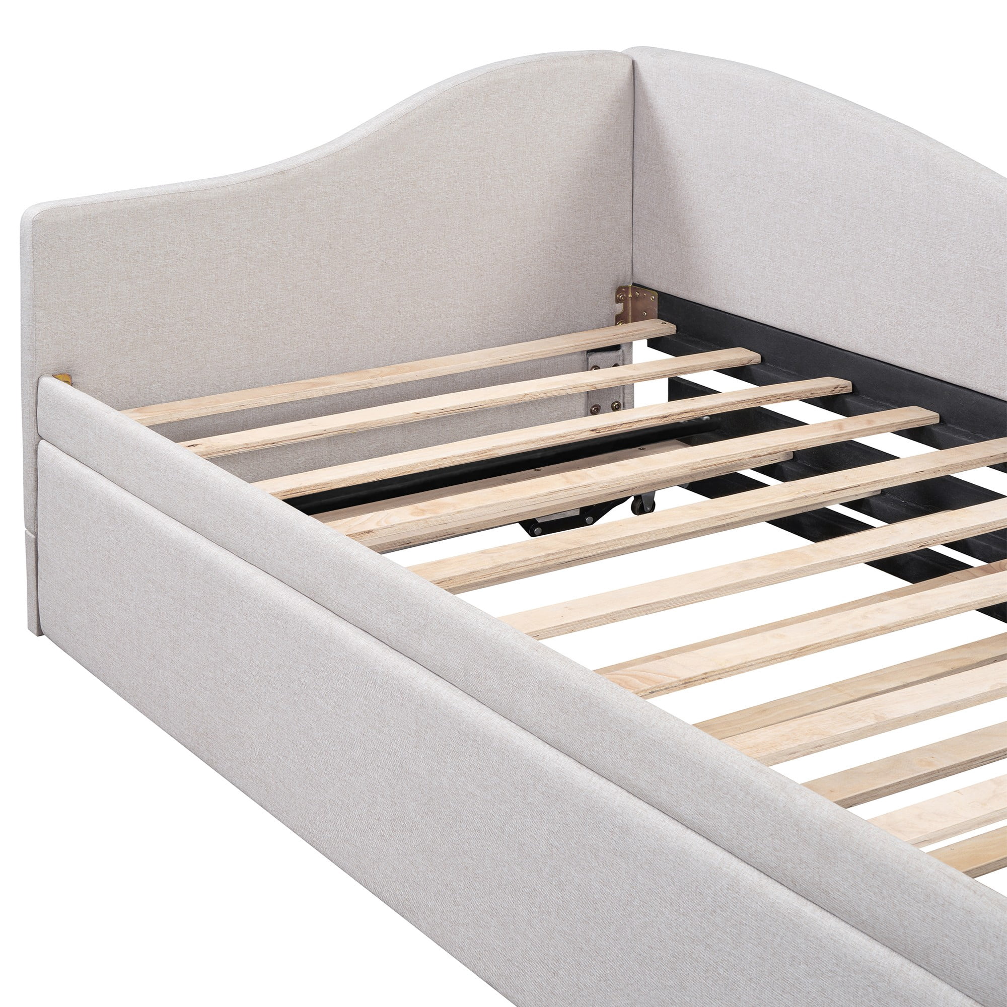 Aukfa Twin Daybed with Pop-Up Trundle, Linen Upholstered Twin-to-King Bed Frame, Space-Saving Guest Bed for Living Room, Bedroom, Kids Room, Light Gray