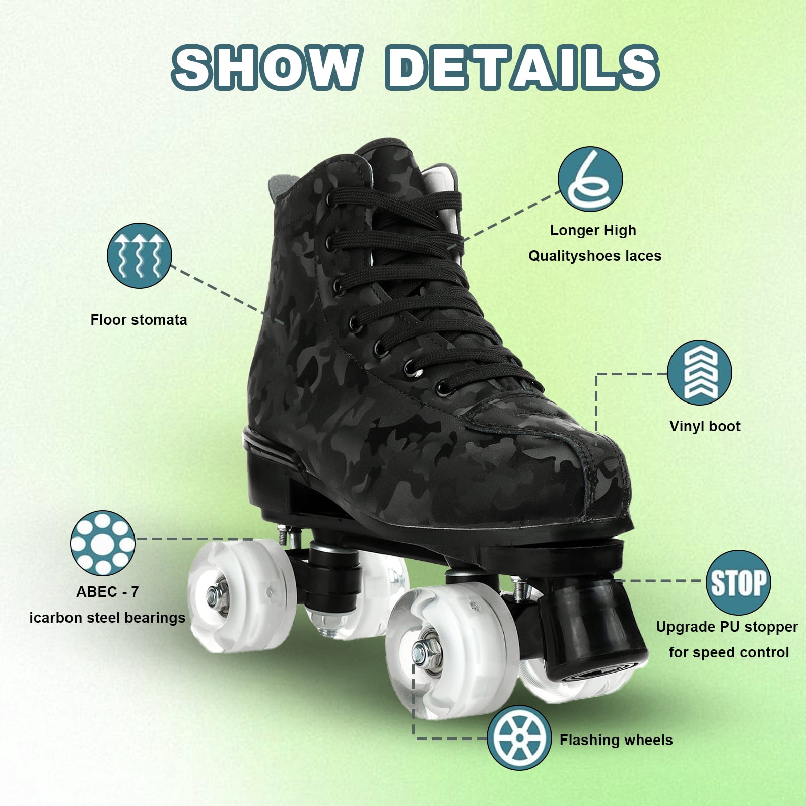 LIXI Black Roller Skates,Double Row Light-up Skates for Kids, Teens  Adults,Durable PU Wheels(Women's 8.5/Men's 7.5)