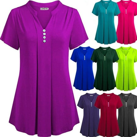Neck Silk Blouse - Women Summer Casual Solid Short Sleeve Tops Sexy Deep V-neck Button Chemise Loose Blouse Cotton Silk T-shirt Plus Size