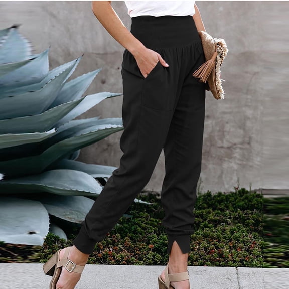 Lilgiuy Women Fashion Casual High Waist Trousers Slit Pocket Solid Color Length Pants Winter Fashion 2022