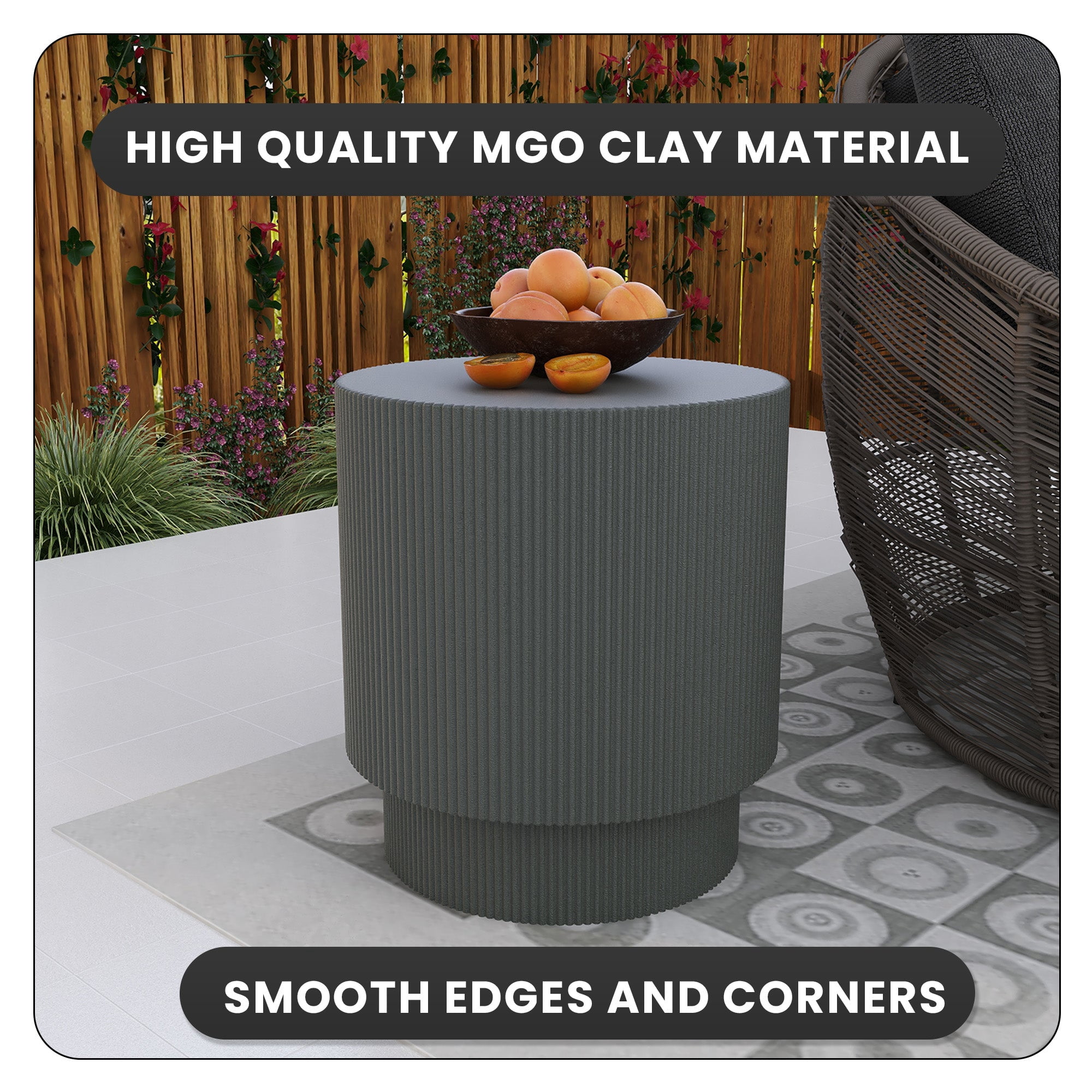 LeisureMod Modern Side Table Round Fiberstone Top Accent End Table for Home, Outdoor Patio, Living Room Sofa, Weather-Resistant, Eden Series in Grey