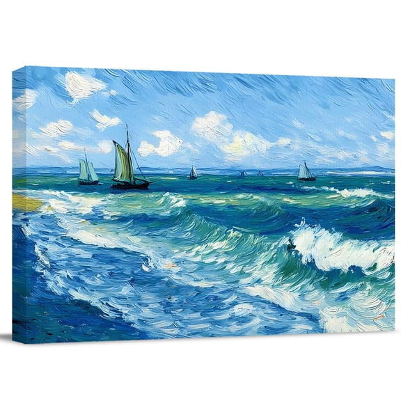 Blue Ocean Waves Canvas Wall Art, Modern Abstract Coastal Teal White Sea Beach Boat Wall Art Prints Artwork Framed Canvas Ready to Hang Art Pictures for Kitchen Living Room Bedroom Hallway 28" x 22"