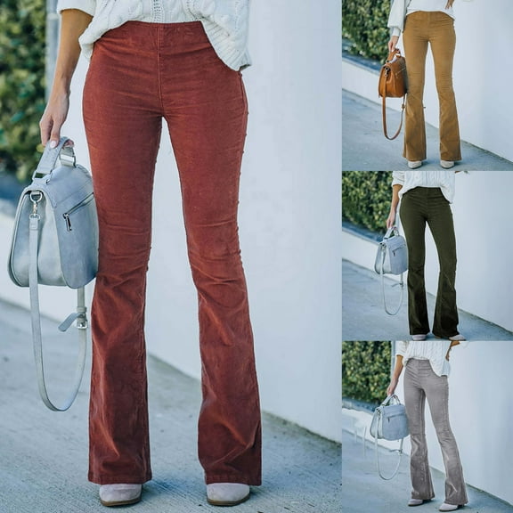 Women's High Waist Corduroy Pants Flared Bell Bottom Design with Elastic Waist for Spring and Summer Casual Wear