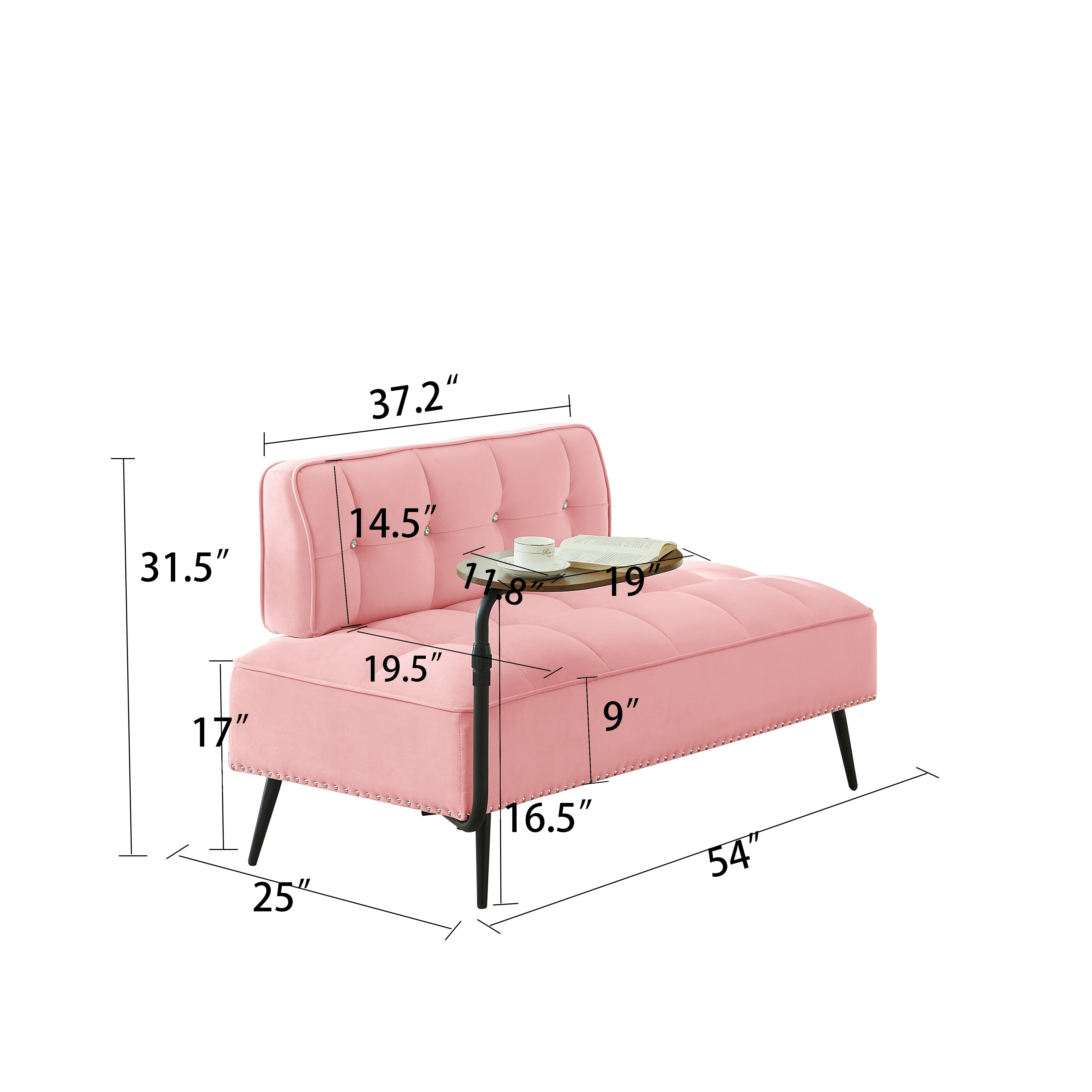 Modern Two-Seater Velvet Sofa with 360° Rotating Side Table, Entryway Ottoman Bench with Backrest for Living Room, Bedroom, Apartment, Space Saver, Pink