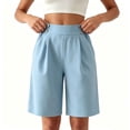 thumbnail image 6 of CQONEPT Women's Casual Bermuda Shorts Elastic Waist Wide Leg Knee Length Summer Shorts with Pockets Light Blue S, 6 of 6
