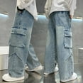 thumbnail image 2 of CPNG Boy's Baggy Fashion Cargo Jeans Teen Boys Casual Multi Pocket Straight Wide Leg Elastic High Waisted Denim Pants(Dark Blue,15-16 Years), 2 of 8