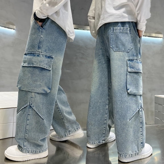 UACY Boy's Girls Cargo Jeans Baggy Denim Pants Elastic Waist Straight Wide Leg Jeans Streetwear with Pockets  (Dark Blue, 15-16 Years)