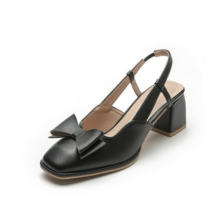 

Women‘s Block Heel Slingbacks Bow Tie Solid Color High Heeled Sandals Square Toe Shoes
