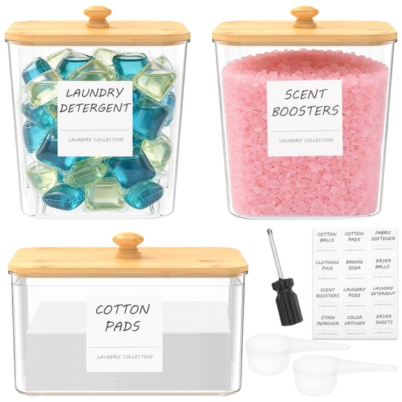 Tzdxfgl 3-Piece Laundry Detergent Containers with Bamboo Lids and Labels, Laundry Room Storage for Pods, Powder, Clear