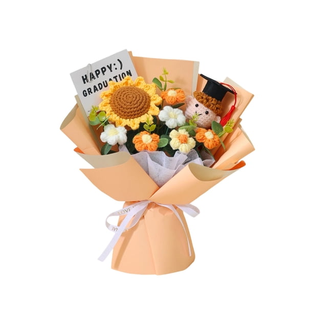 Muñeca de ganchillo con ramo de graduación de girasol – Set regalo de flores de lana tejida hechas a mano para graduados, recuerdos duraderos y decoración para fiestas