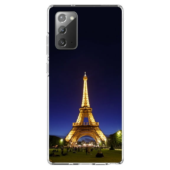 DistinctInk Clear Shockproof Hybrid Case for Galaxy Note 20 ULTRA (6.9" Screen) - TPU Bumper, Acrylic Back, Tempered Glass Screen Protector - Eiffel Tower Paris Night - Paris
