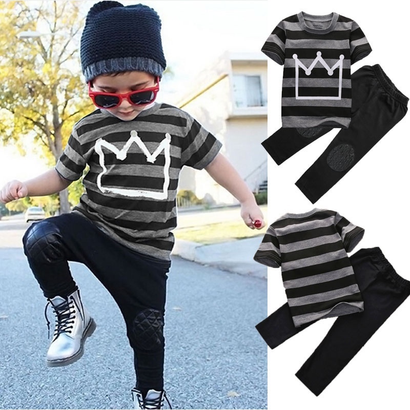 2Pcs Toddler Baby Boy Summer Outfits Tshirts Tops+Long Pants Clothes