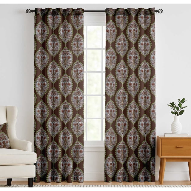 Vargottam 84 Inch Rod Pocket/Back Tab Cotton Curtains for Windows and Doors - Light Filtering Cotton - Light Filtering Drapes For Doors - Set of 2 Panels, 52"x84" - Floral Block Pattern (Brown)