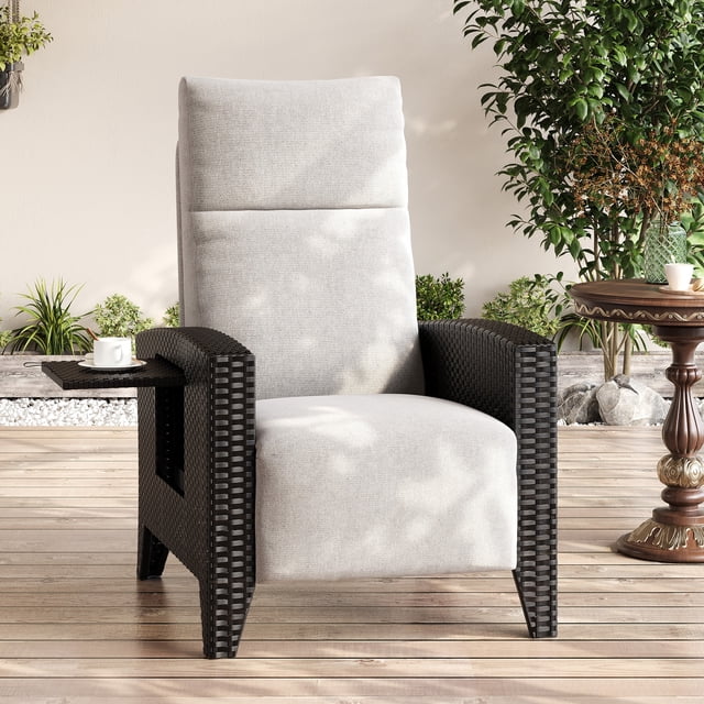 Fauteuil Inclinable de Patio Réglable à 150° - Chaise Longue d'Extérieur en Osier Rotin avec Table d'Appoint Relevable Prolongée, Coussin Amovible, Résistant aux Intempéries, pour Jardin, Piscine, Terrasse