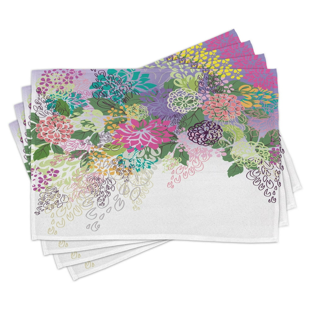 Flower Placemats Set of 4 Hand Drawn Style Graphic Floral Print Nature