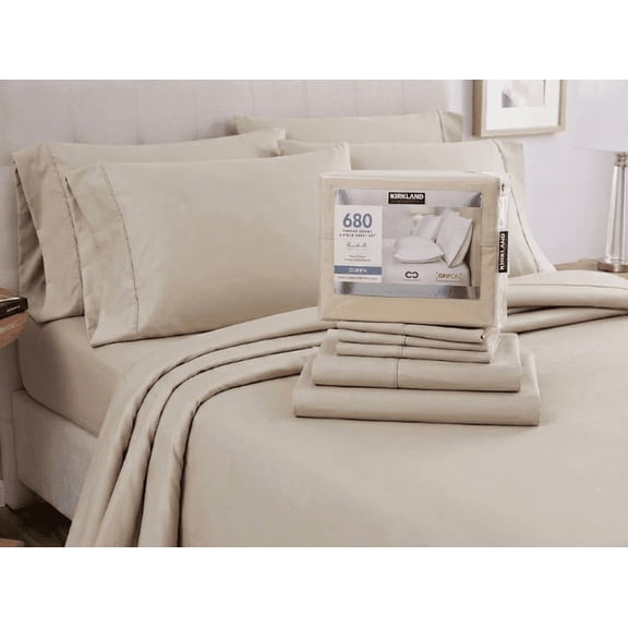 Kirkland Signature 680 Thread Count 6-Piece Sheet Set (Queen, Beige)