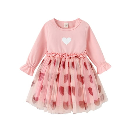 

Toddler Baby Girl Valentine s Day Tulle Tutu Dress Long Sleeve Crew Neck Heart Print Party Princess Dresses