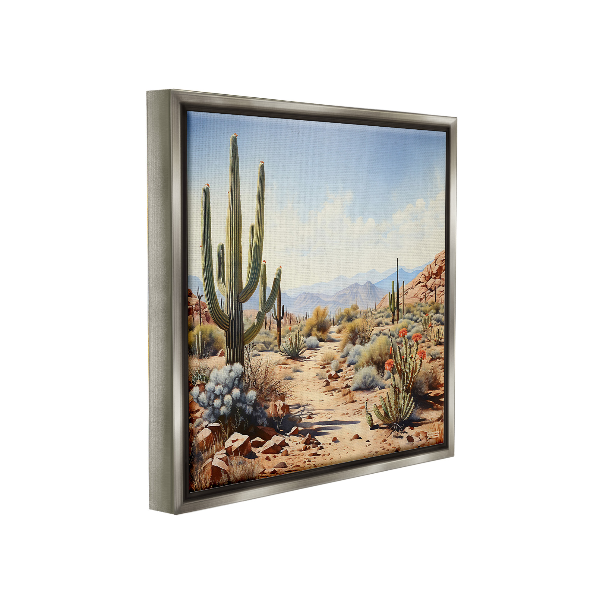 Stupell Industries Desert Cactus Path Landscape Painting Gray Floater Framed Canvas Art Print Wall Art, 25 x 25