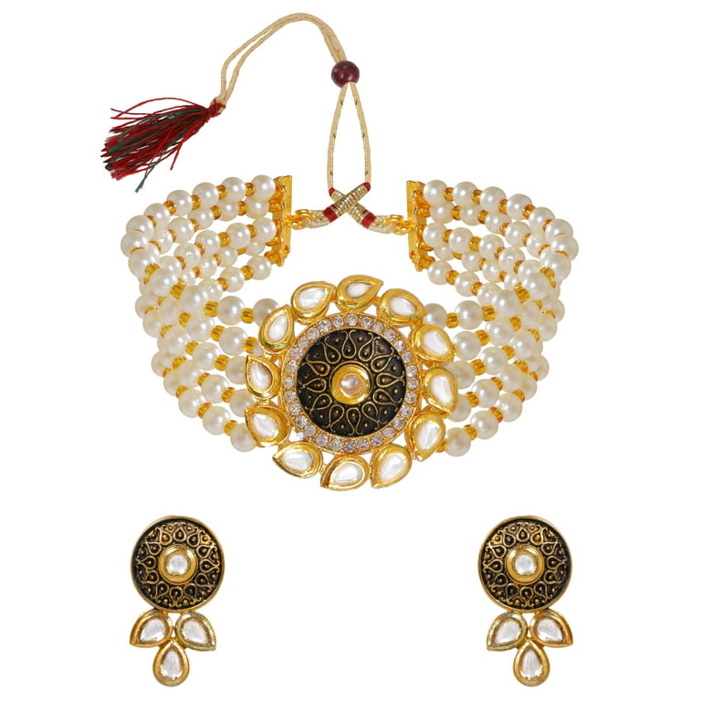 Pakistani Indian Gold Plated Pearl Choker Necklace Bollywood Fashion  Jewelry Set