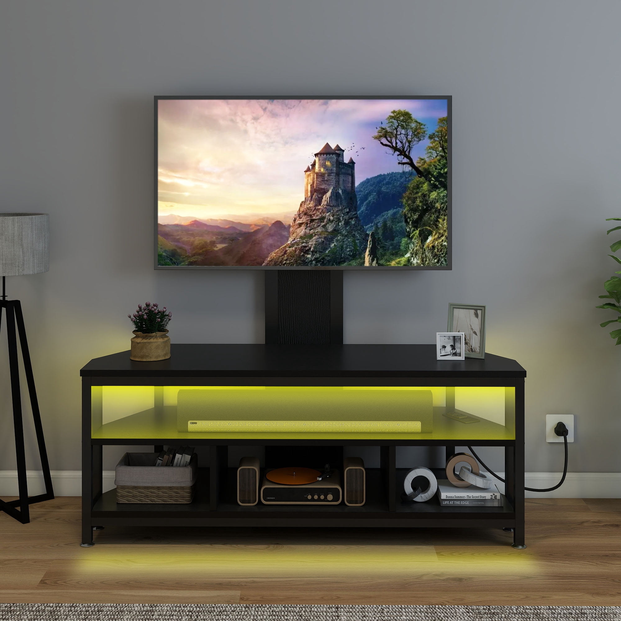Dextrus Height Adjustable TV Stand Mount, Swivel Entertainment Center with Power Outlet and LED Lights, for TVs up to 70 inches