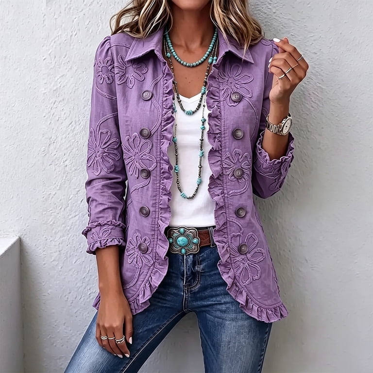 Ruffle Button Jacket Norvella Womens Floral Applique Jacket Button Front Collared Long ...