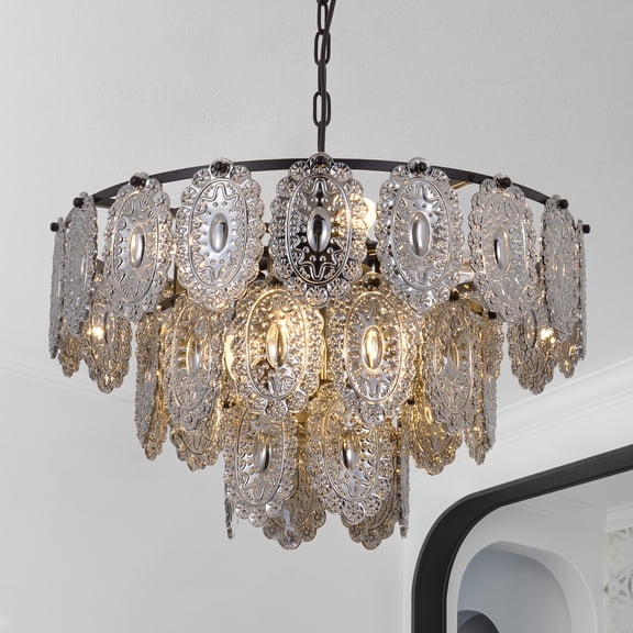 24" French Vintage Chandelier - 3-Tier Smoked Glass & Black Wrought Iron Ceiling Light with 22" Adjustable Chain, 39" Hanging Height for Dining/Living Room (8 E14 Sockets)