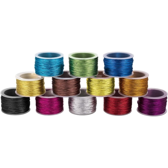 12 Rolls Nylon Metallic Tinsel Cords 252 Yards 1mm Stretch Ribbon Cord Gift Wrap Ribbon Metallic Cord Packaging Rope Braids Hair Cords for Gift Wrapping Christmas Tree Decoration