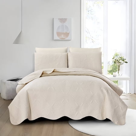 FanciHommie 3-Piece Hotel Style Bedspread Set, Delicate Jacquard Weave & Scalloped Edging Queen Size Beige