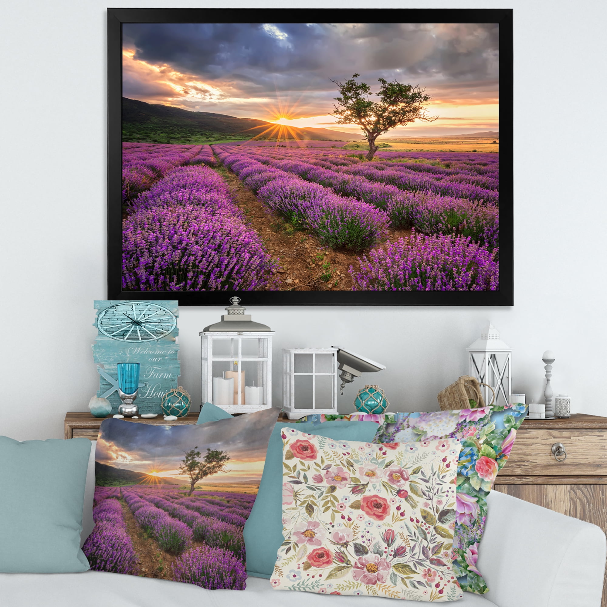 Designart 'Dramatic Clouds and Sunrise Over Lavender Field VIII' Farmhouse Framed Art Print