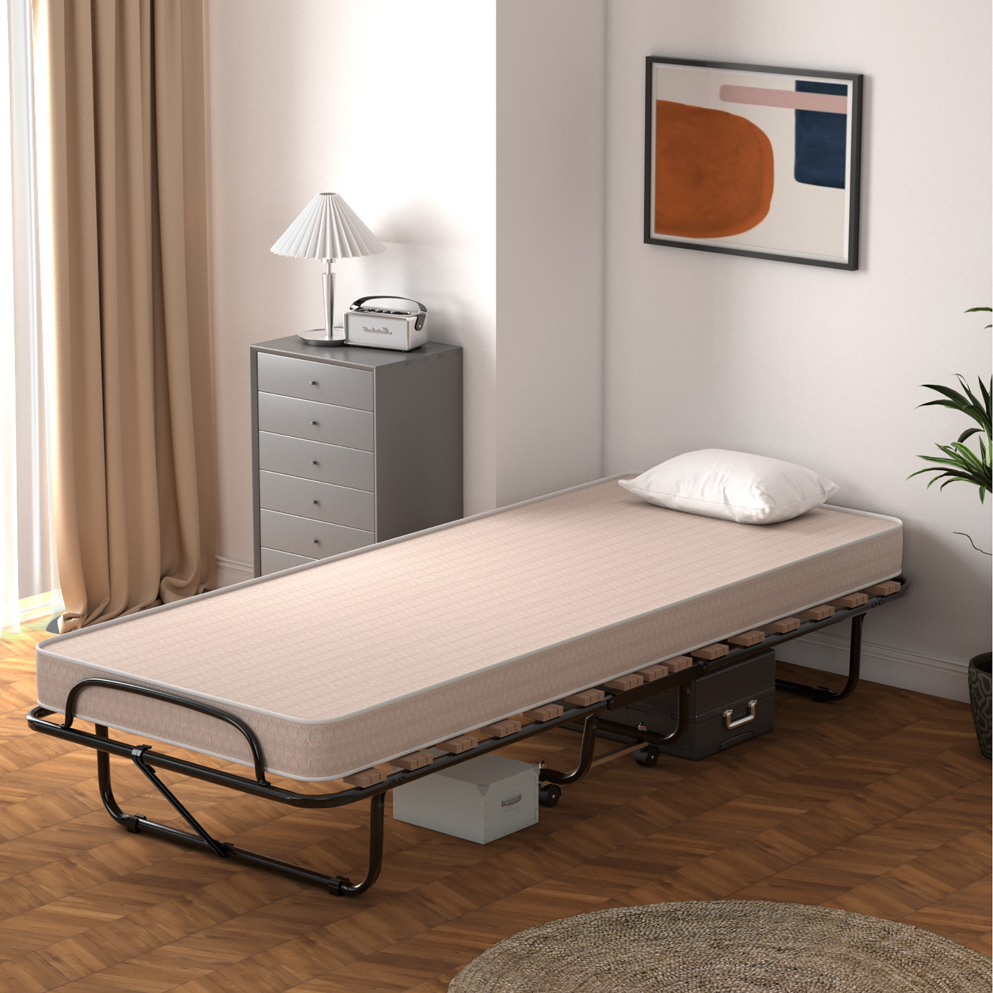 Rollaway Folding Metal Bed With Memory Foam Mattress - Guest Cot Made In Italy