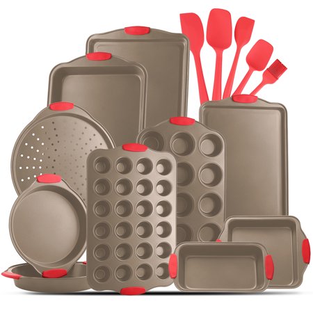 EatEx Nonstick Bakeware Set - 15 PC Baking Tray Set With Silicone Handles & Utensils - Oven Safe & Carbon Steel Cookie Sheets  Baking Pans  Cake Loaf  Muffins & Bread Pan & More  Brown
