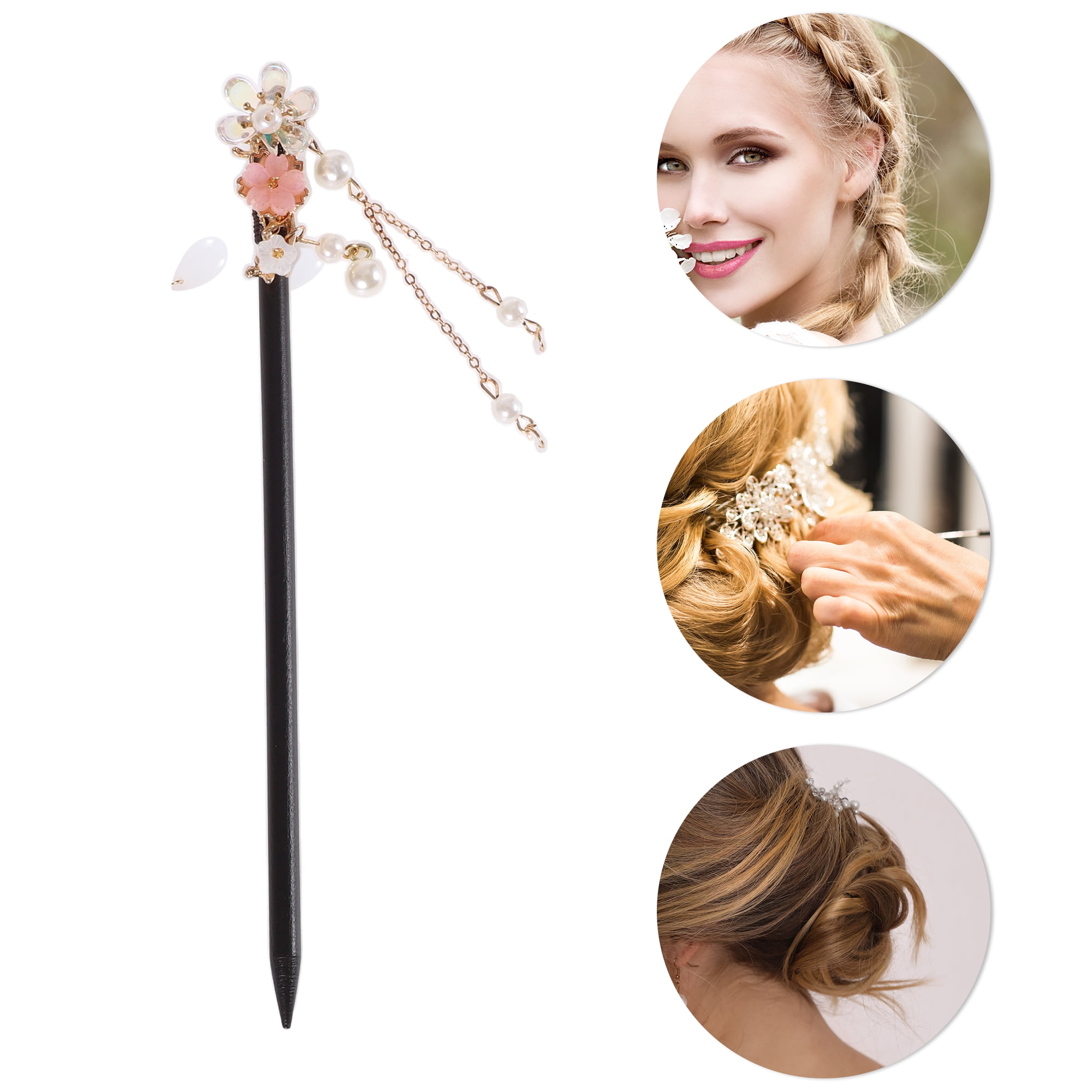 Unique Bargains Three-petal Flower Hair Chopstick for Women 1 Pc Black, Pink, White