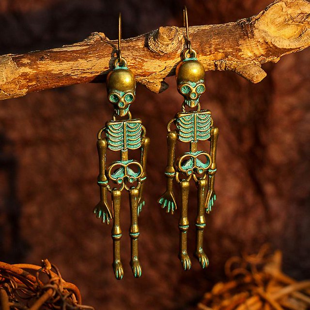 Tal 1 par de pendientes de Halloween de viento oscuro Calavera europea y americana Calavera exagerada Club nocturno Punk Pendientes de viento Joyas (verde)