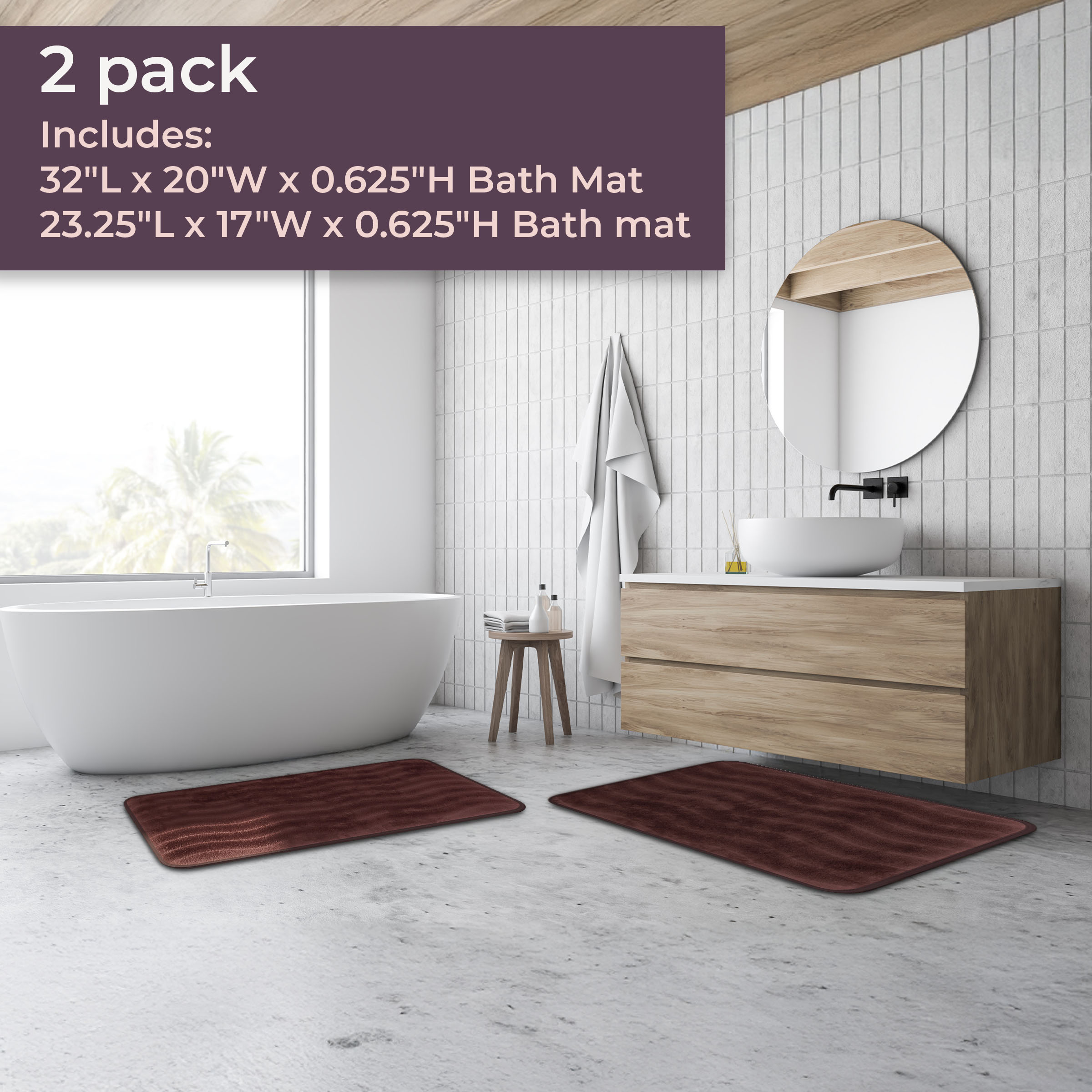 Lavish Home Set of 2 Bathroom Rugs – Non-Slip Memory Foam Bath Mats, Brown