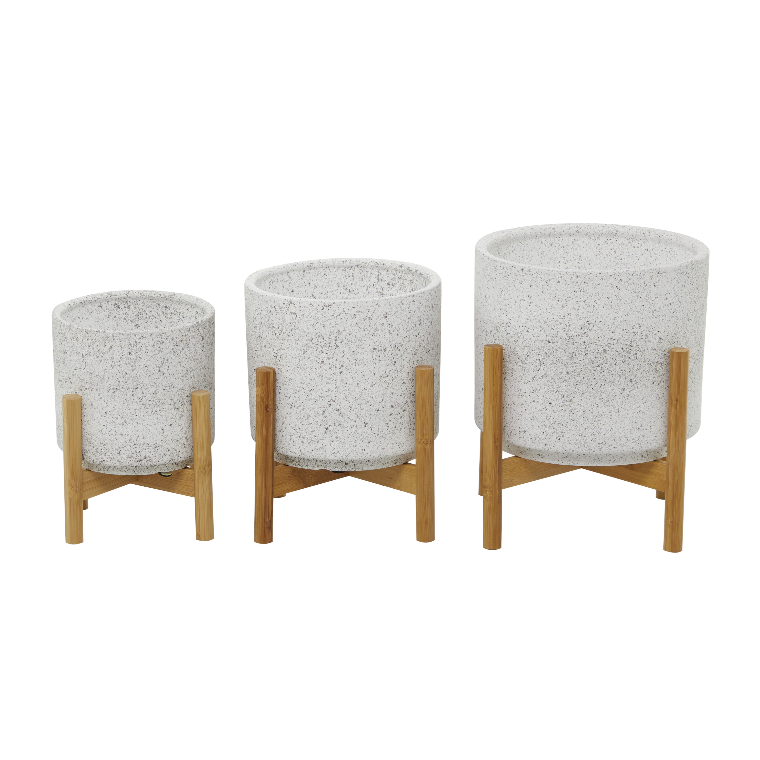 DecMode 12", 11", 10"H White Ceramic Planter with Removable Wood Stand (3 Count)