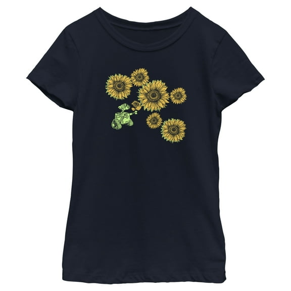 Girl's Wall-E Holding Sunflowers Graphic Tee Navy Blue Medium
