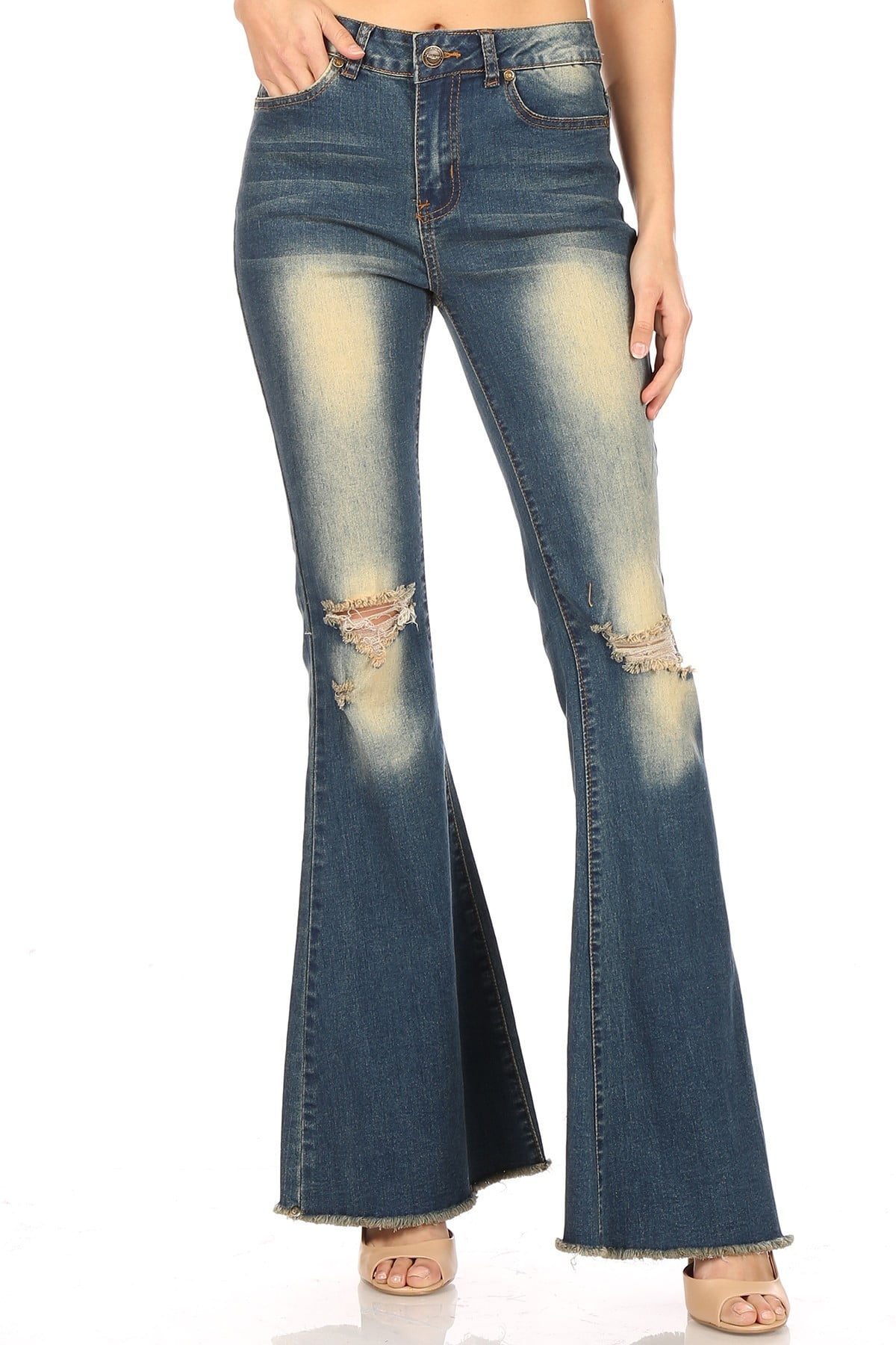 high waisted distressed bell bottom jeans