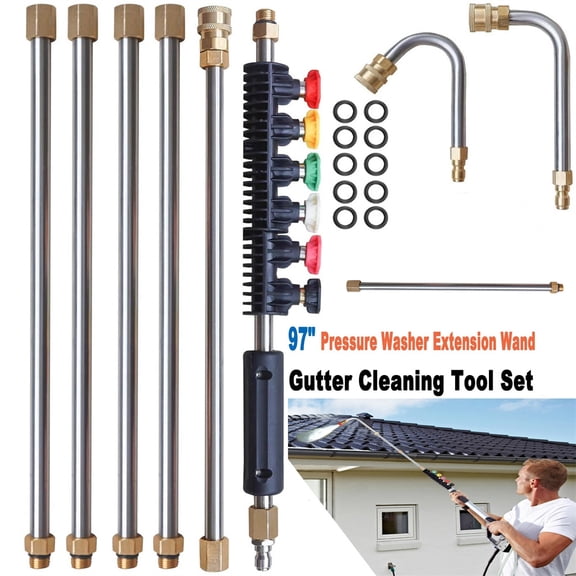 HOUFIY Pressure Washer Extension Wand with 6 Spray Nozzle Tips for Gutter Cleaning up to 9FT, Upgrade Power Washer Lance with 30°, 90°, U-shaped Curved Rod, 1/4" Quick Connect, 4000 PSI