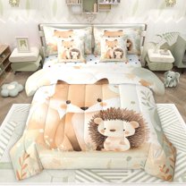 Castle Fairy Cute Hedgehog Fox Bedding Comforter Set 7 Pieces for Children Teens,Cartoon Woodland Animal Full Bedding Set Lightweight,Tree Leaves Fitted Sheet Flat Sheet,Luxury Bedroom Decor