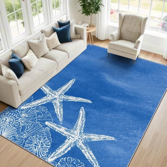 Coastal Starfish Area Rugs, Blue Nautical Beach Carpet, Washable Non Slip Low Pile Soft Rug for Living Room Bedroom Decor Mat 4x6ft