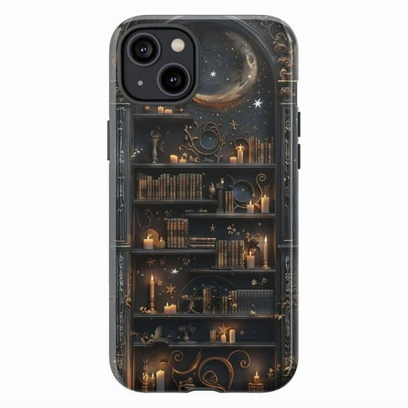 Witchy Bookshelf iPhone Case, Mystical Library with Candles, Moon & Stars, Dark Academia Aesthetic, Compatible with iPhone 16 15 14 13 12 11 Pro Max