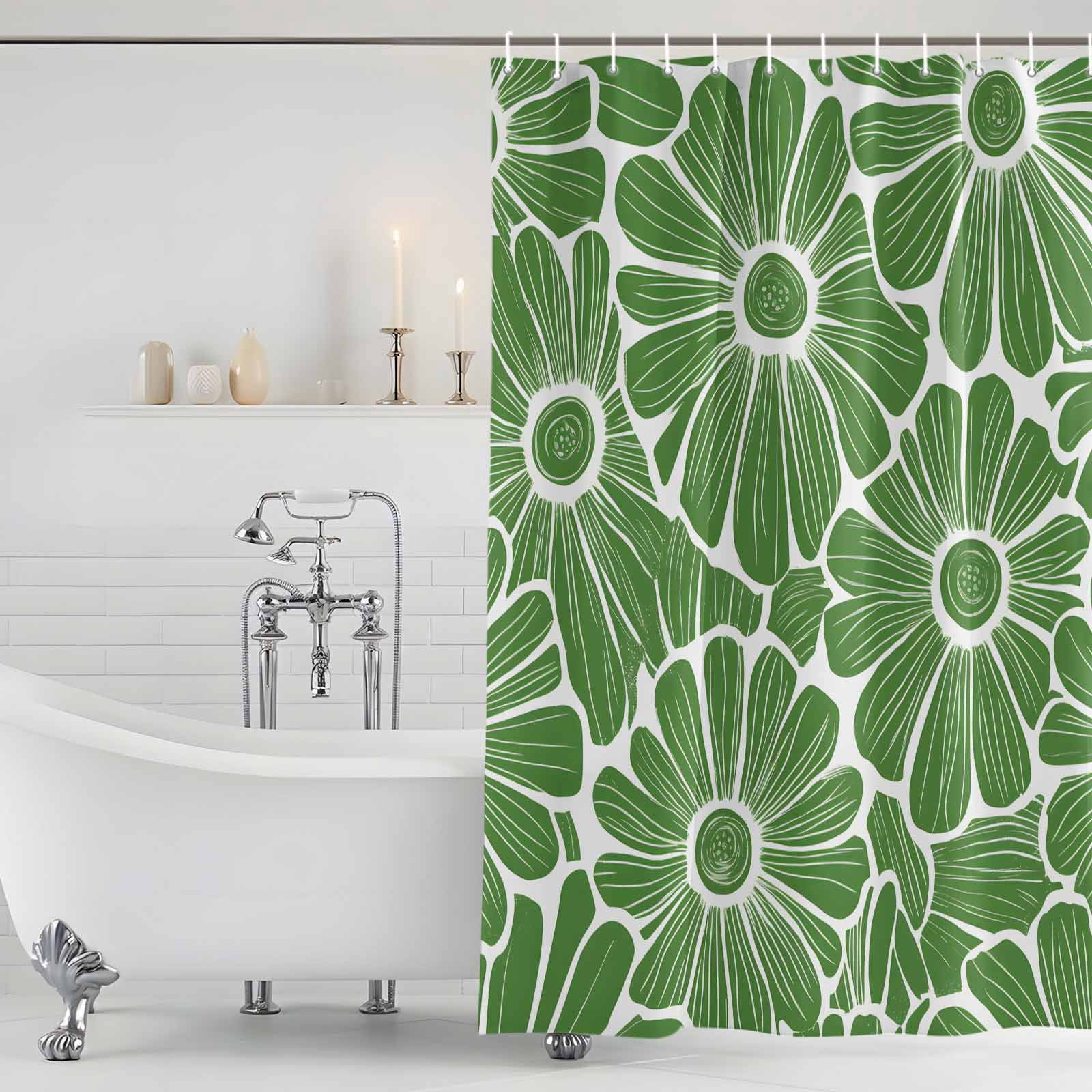Green Spring Floral Waterproof Fabric Shower Curtain,Pastoral Flower Abstract Waterproof Fabric Shower Curtain for Bathroom Curtains Bathtubs Hotel Shower Curtains with 12 Hooks Small 36x72in