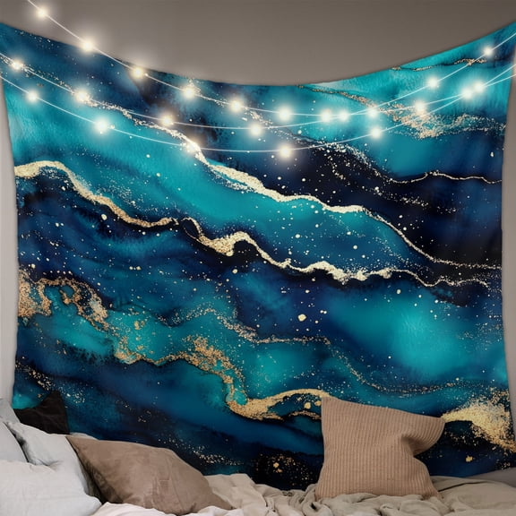 Blue Black Marble Small Tapestry for Bedroom Wall Hanging Tapestry, Modern Golden Abstract Aesthetic Ceiling Backdrop Tapestries Poster Blanket Wall Decor for Teens Room Living Room Dorm 23" x 28"
