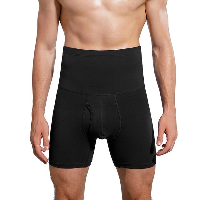 High-Waisted Compression Boxer Briefs for Men - Tummy Control, Open Fly, Breathable Cotton Fabric, Comfortable Fit, Shapewear Un black XL