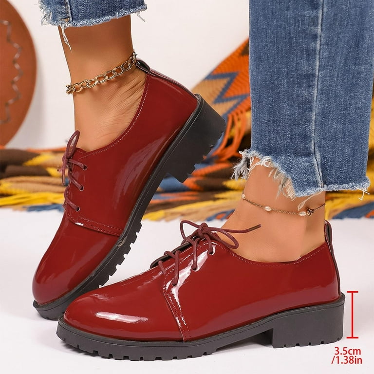 burgundy dress shoes ladies SundryGoods Wine Ladies Casual Round Toe Loafers Lace Up Block Heel Glossy British Style Work Office Comfortable Low Heel Shoes, Women's, Size: 7.5