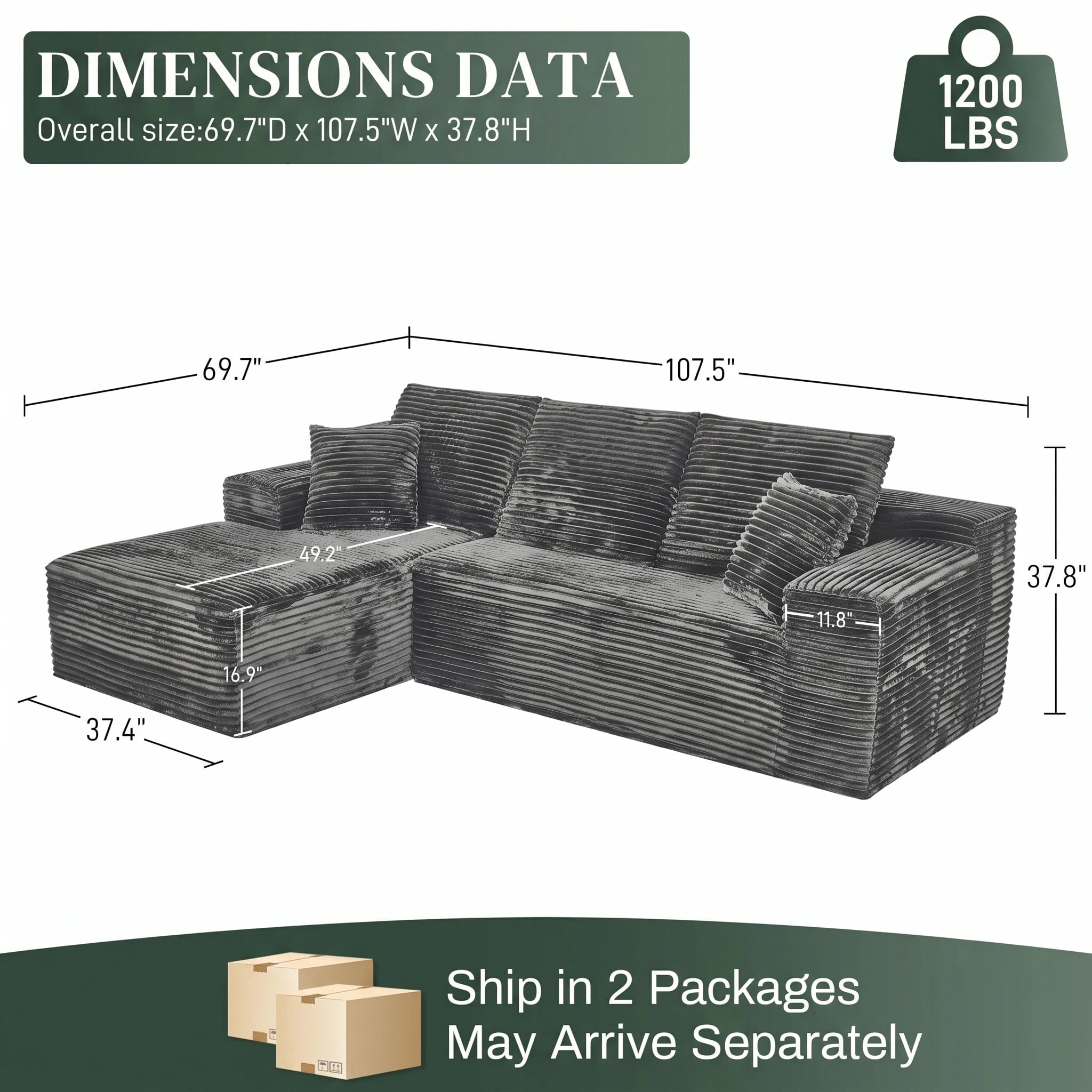AISWORD 107.5" Corduroy Boneless L Shaped Modular Sectional Sofa with Left Facing Chaise, Deep Seat Compressed Couch with Throw Pillows, No Assembly Required, Gray