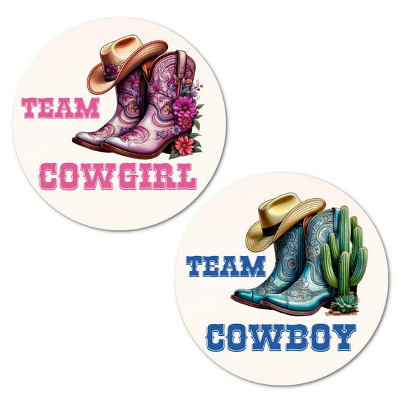 40 Team Cowgirl Team Cowboy boots Gender Reveal Stickers, 2 Inch Big Round Glossy Labels, Pink and Blue Decals, Western Baby Shower Party Favors, Boy or Girl Tags, Games And Supplies. Made in USA
